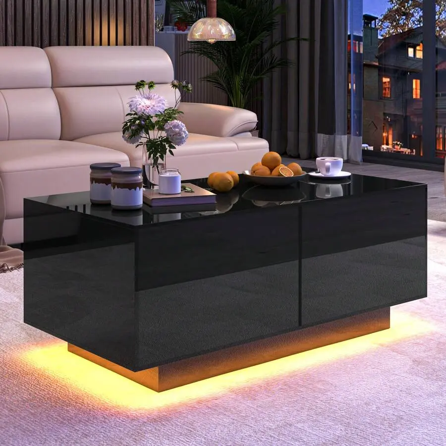Modern LED Coffee Table With 20-Color LED Lights & Drawers , Rectangular Gloss Plywood End Table Living Room & Dining Room, Open Shelves & Ample Storage Space,Black