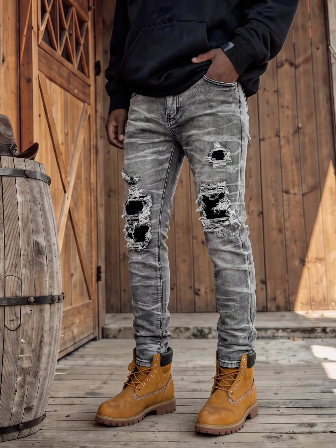Men's Gray Ripped Skinny Jeans, Slim Fit Washed Denim Pants with Black Contrast Patch, Casual Streetwear Fitted Casual Denim