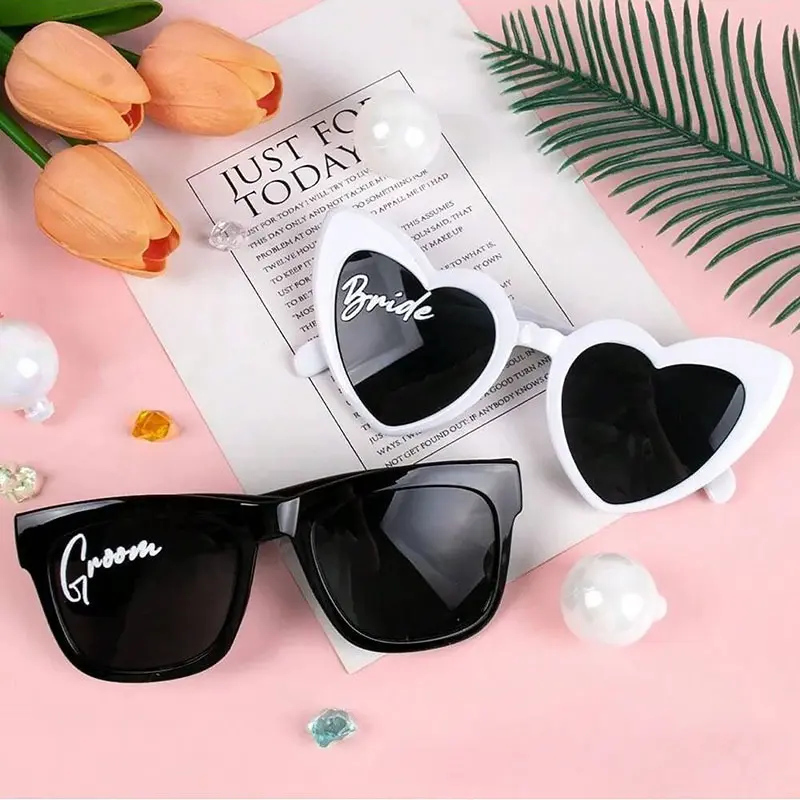 Bride & Groom Sunglasses - White Heart Bride, Black Square Groom Styles, Crystal Decor Heart-Shaped Frames, Adult Rhinestone Party Eyewear for Wedding Photo Props, Adults, Accessories, Rhinestones, Unisex, Men's Accessories, Wedding Event, Crystals