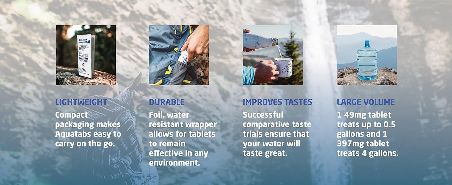 Water Purification Tablets (397mg, 100 Pack) and Water Filtration System For Camping, Boating, Emergency Water, Survival Kit, and Marine. Easy-to-Use Water Purifier Treatment.