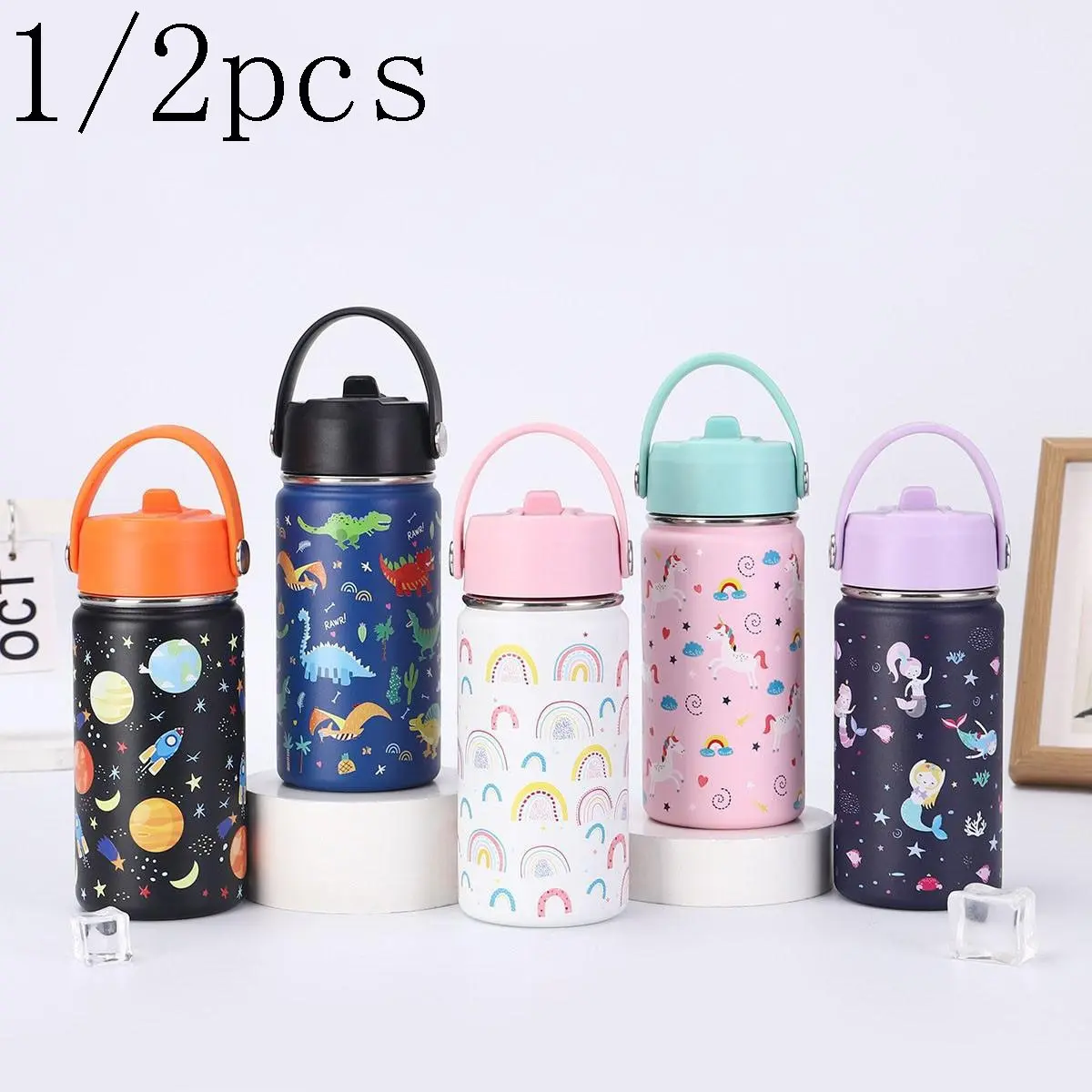 12oz Kids Cartoon Insulated Stainless Steel Water Bottle, Leak-Proof, with Handle Straw Lid, Various Designs, School & Outdoor Use