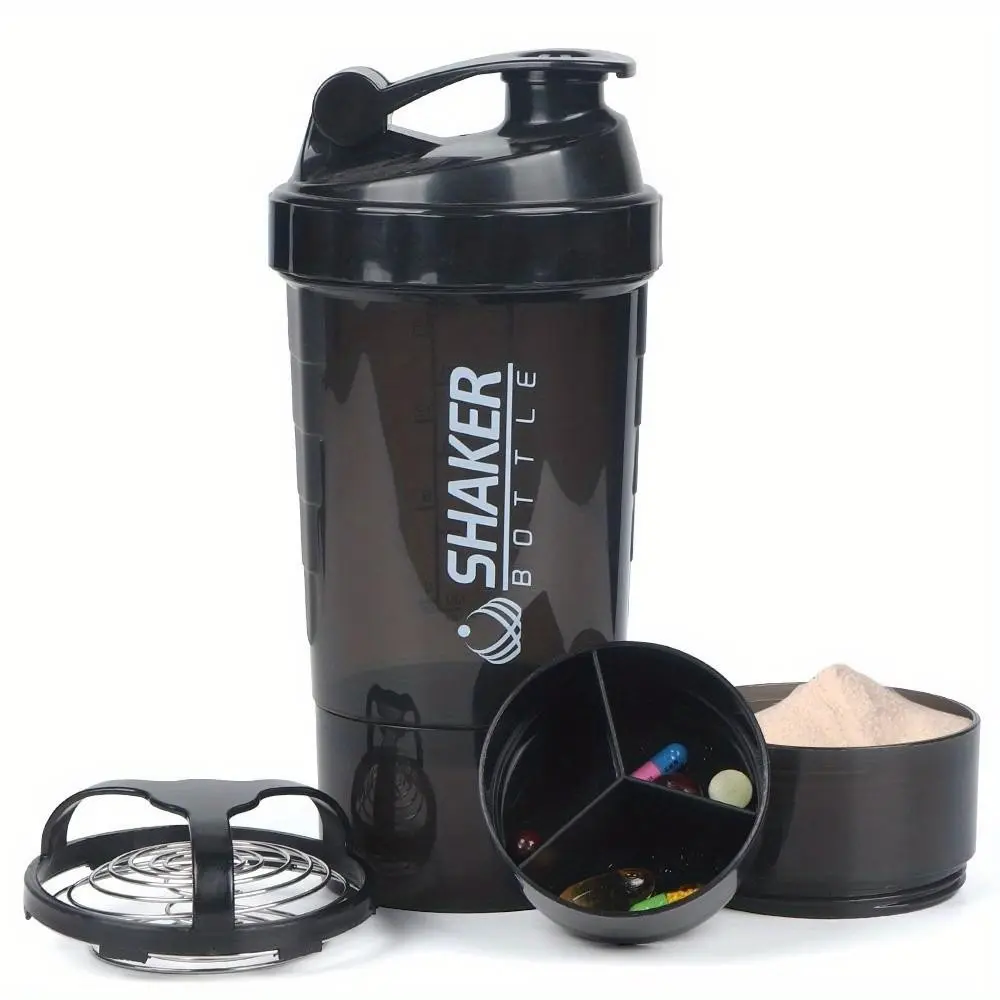 500ml/17oz detachable outdoor protein powder shaker cup, three-layer hidden sports cup, plastic protein mixing cup, portable leak proof spring cup, Shaker Bottle