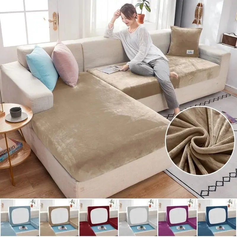 Elastic Velvet Sofa Seat Cushion Covers - Luxury Solid Rectangular Slipcovers for Living Room Decor, All Ages Use - Fits Chaise Lounge, L-Shape Corner Furniture - Do Not Dry Clean