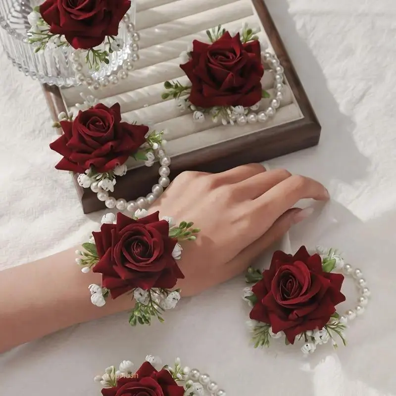 6 Pcs Rose And Baby's Breath Chain Wrist Corsage For Bride, Bridesmaid, Mom And Mother In Law, Wedding Anniversary Dinner Party Decor