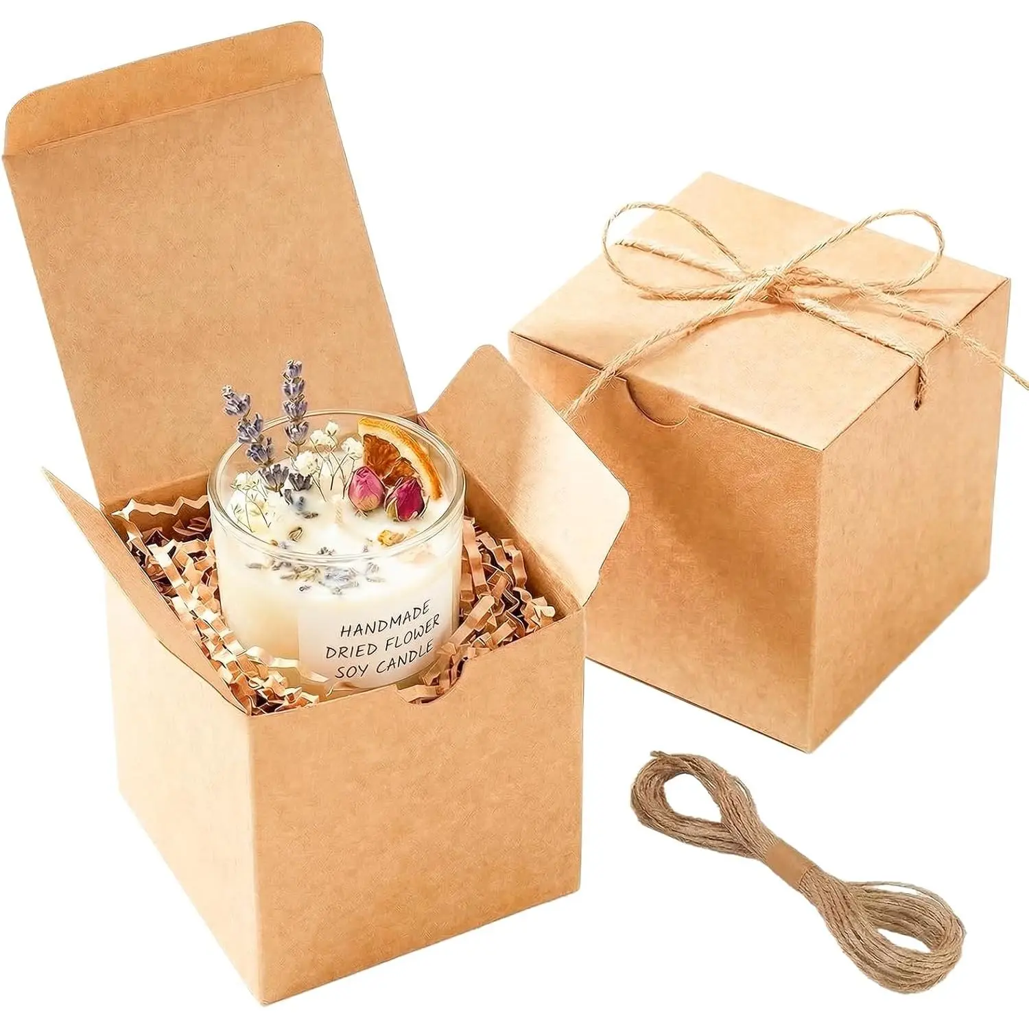 10 Pack 4x4x4 Small Brown  Boxes with  & Twine -    Cardboard - Pop-Up Easy Assembly  Boxes for Presents, Candles, Mugs, Ornaments, Favors