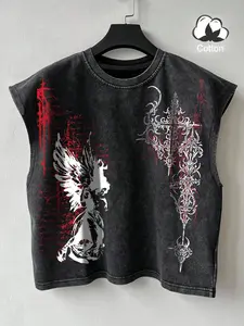 Unisex Washed Vest, Gothic Angel Design, Casual Street Style, Streetwear Tank Vest, Comfortable Fitted Top, Ideal for Outdoor Activities & Parties