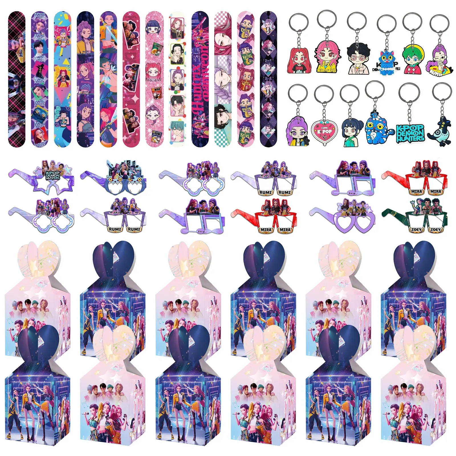 Korean cartoon girl group party gift set of four, perfect for party favors, includes 12 keychains, 12 bracelets, 12 candy boxes, and 8 cartoon-themed decorative glasses, so everyone gets their own special gift, the best choice for parties and gatherings