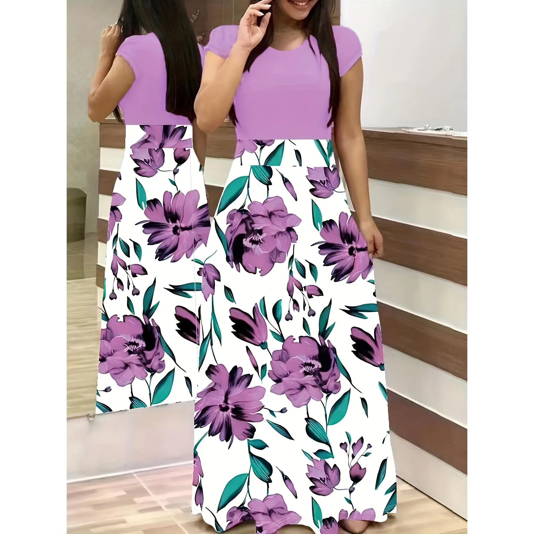 Wish2023 European And American Style Floral Printed Color-Block Short-Sleeve Dress for Women with a Flared Skirt