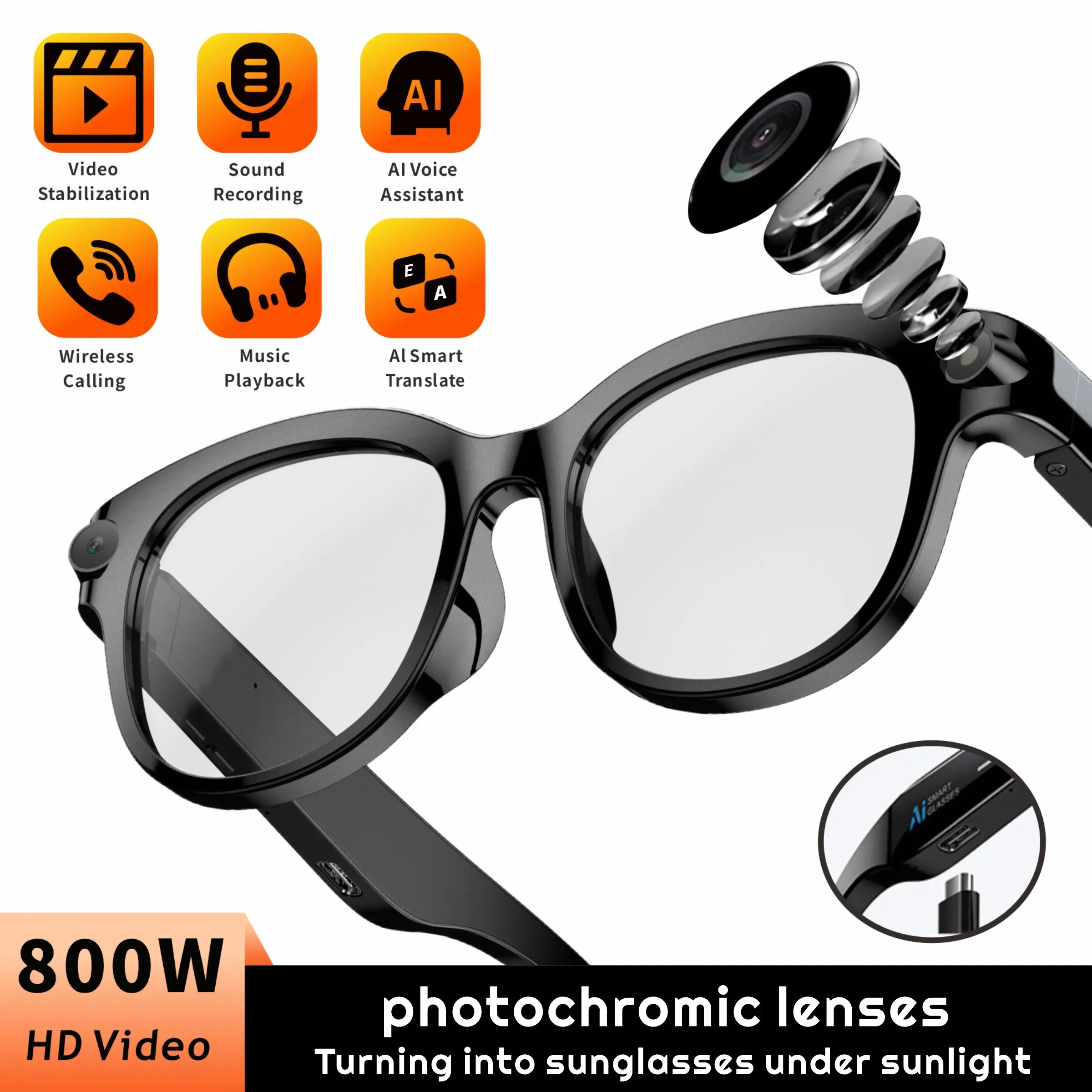 8 million pixel smart camera glasses with photochromic lenses, photo/video/audio recording, AI chat, translation, Blu ray, dual noise cancelling microphones, high-definition calling. Very suitable for cycling, driving, fishing, traveling, and FPV