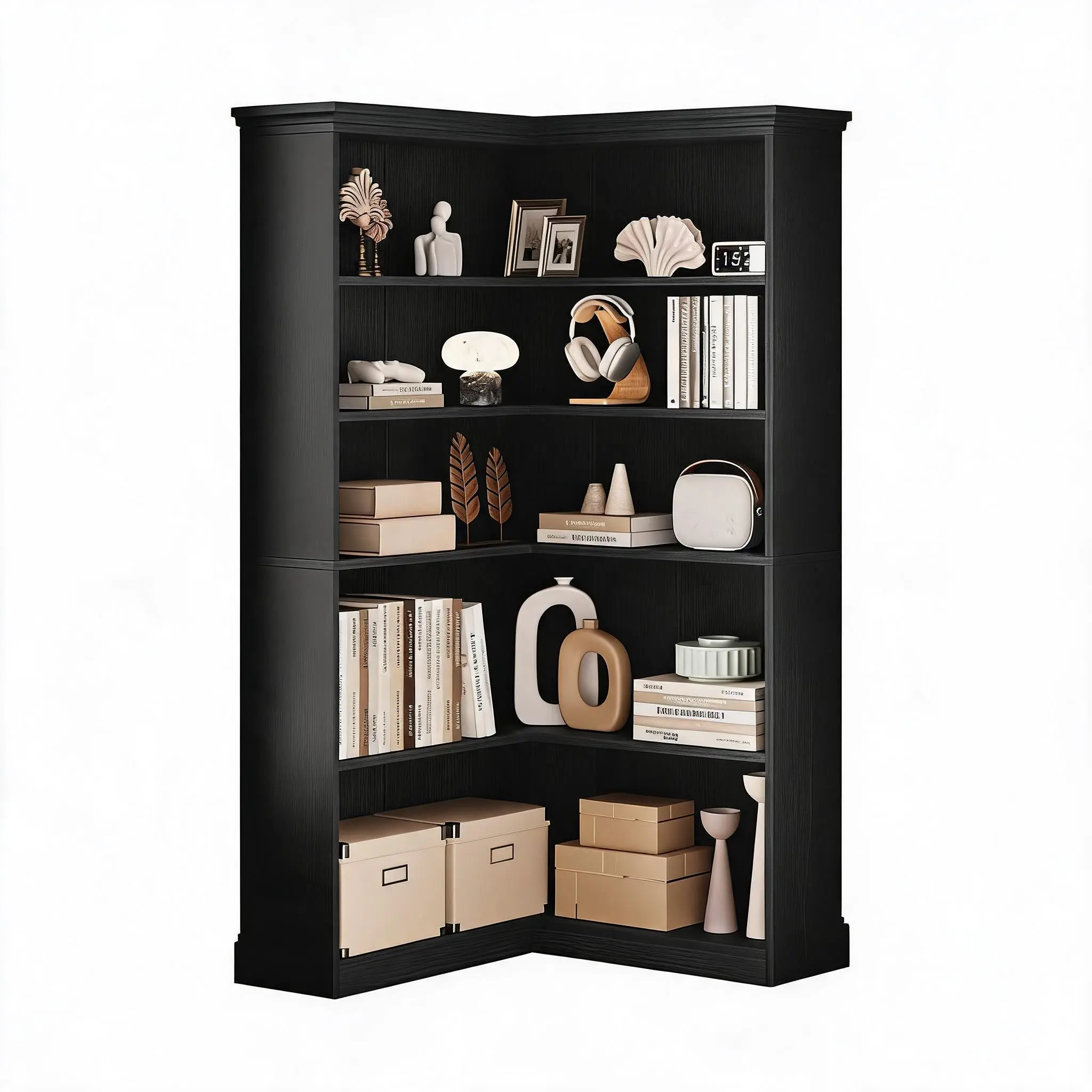 Modern Farmhouse L-Shaped Corner Bookshelf – 72.8'' Tall, 5-Tier Large Wood Bookcase for Living Room, Bedroom, or Home Office – Full Panel White Storage Display Shelf