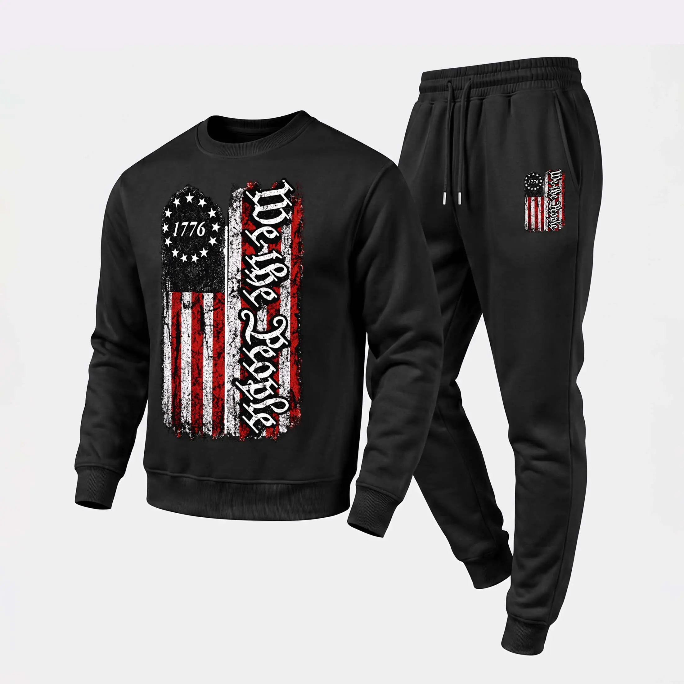 Men's The U.S. Flag And "We The People" Graphic Crewneck Sweatshirt and Jogger Pants Set, Casual Long Sleeve Pullover with Drawstring Sweatpants, Fall Winter Tracksuit for Daily Wear, Travel, Lounge, Workout and Indoor Outdoor Activities