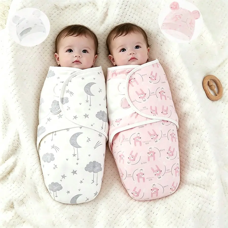2-Piece Set Cartoon Print Newborn Anti-Jump Swaddle, One-Piece Magic Tape Baby Wrap, Soft Fit Infant Sleep Blanket