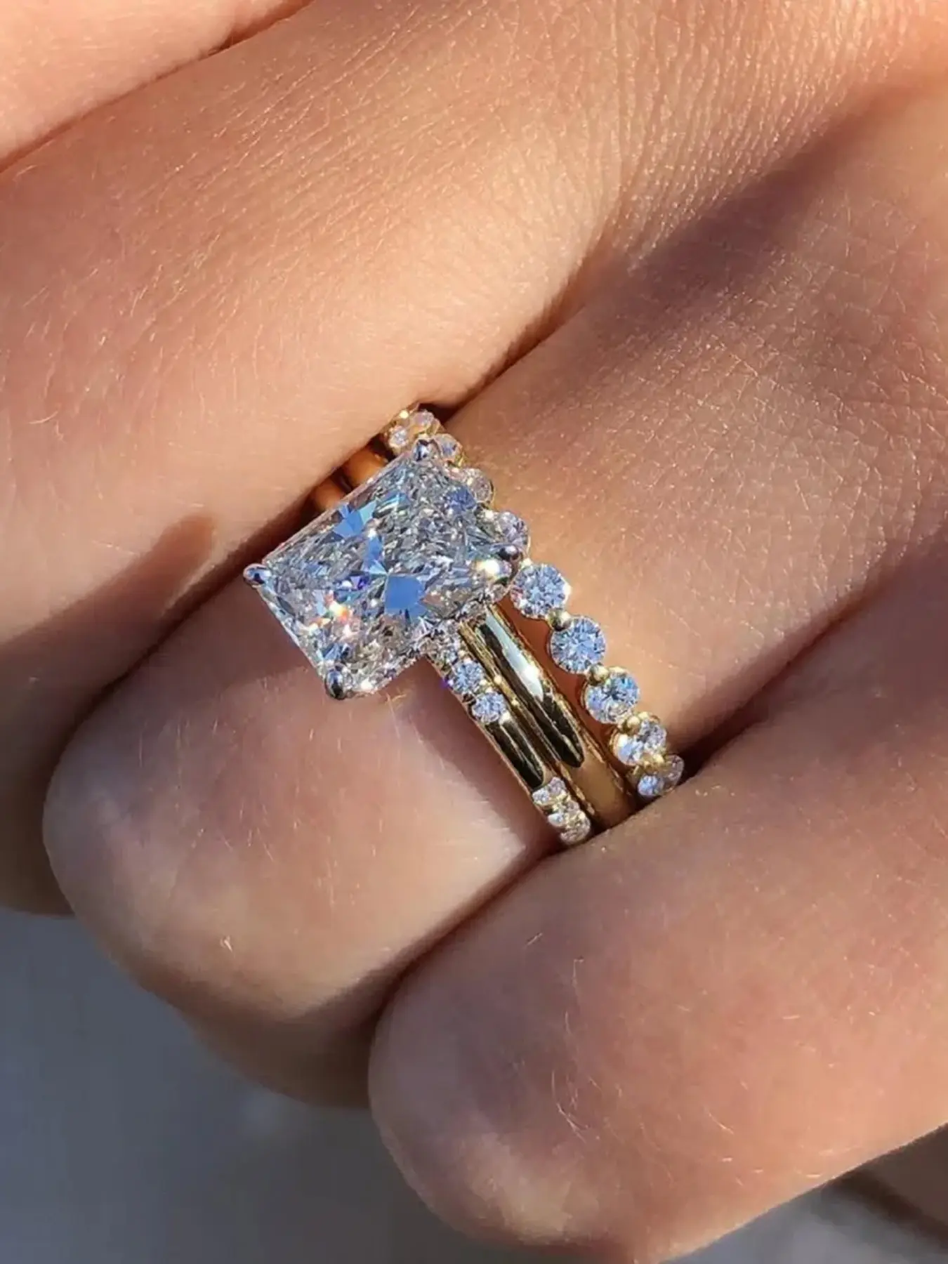 3-Piece Copper Couple Ring Set, Princess Cut Zircon Main Ring, Smooth Band, Half Circle Full Diamond Ring, Elegant Jewelry