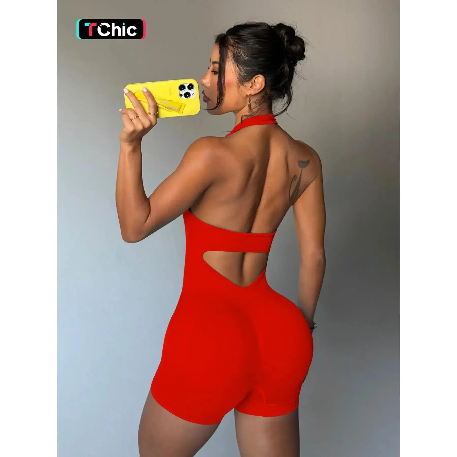 Women's Summer Halter Backless U-Neck Sport Jumpsuit, High Elastic Yoga Shorts, Casual Workout, Fashion One-Piece Fitness Wear