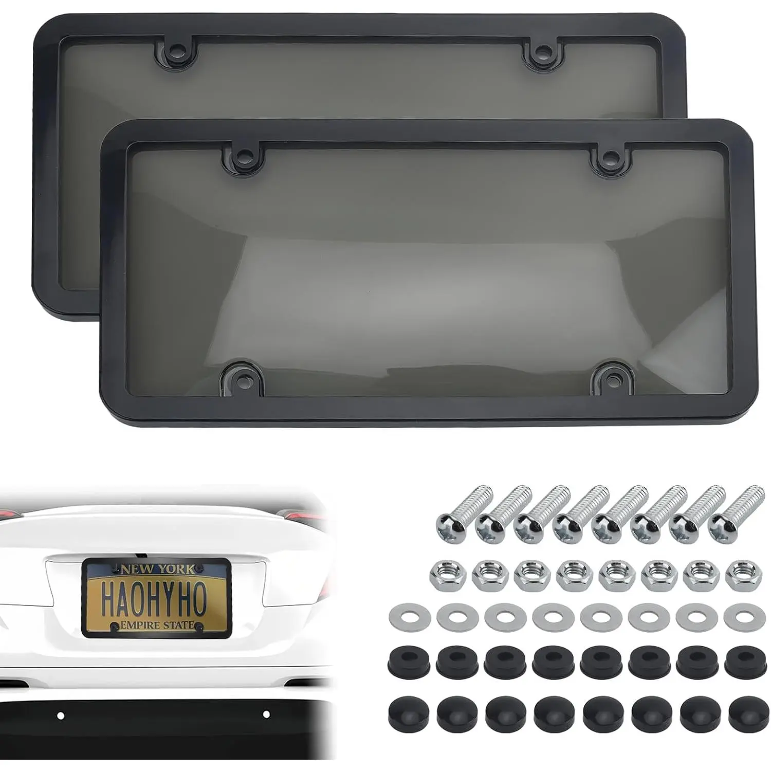 2PCS Clear License Plate Covers and Frames, Personalized License Plate Frame with Screws Screw Caps Washers, Rust-Proof Auto LicensePlate Holder, Universal License Protector for Standard US Plates