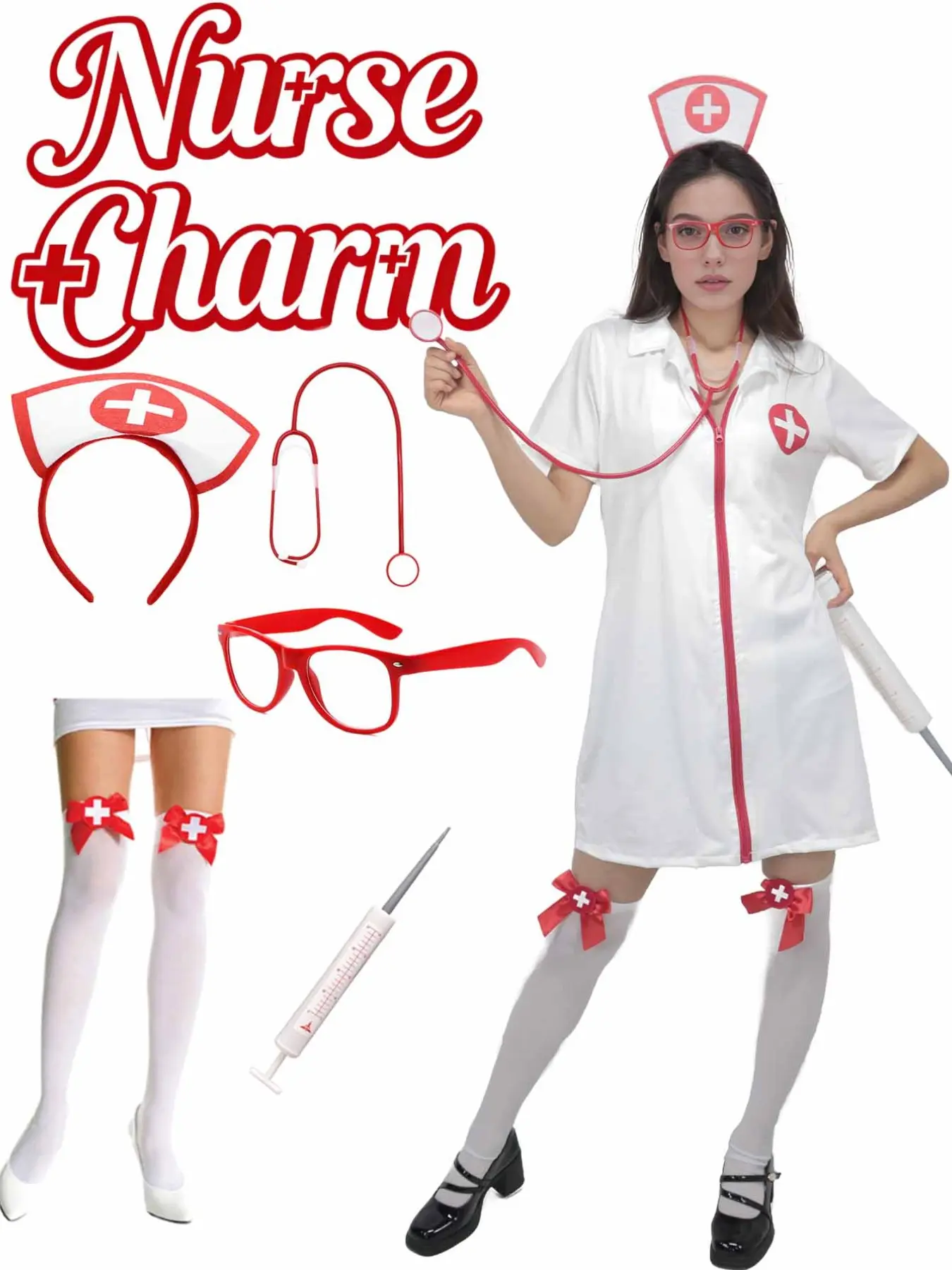 7-Piece Nurse Costume Set, Includes Zipper Dress, Headband, Stethoscope, Syringe Props, Glasses, Cross Socks, Halloween Party