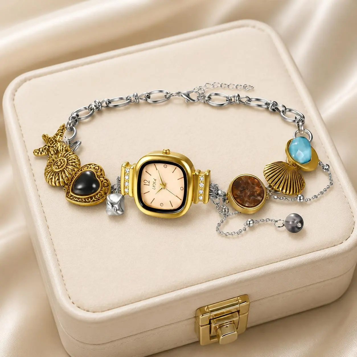 Women's Ocean-Themed Analog Quartz Watch - Square Dial, Marine Motifs, Seashell & Starfish Imitation Gem Charms, 2-Tone Gold-Silver Adjustable Stainless Steel Chain Necklace Watch, Summer Style