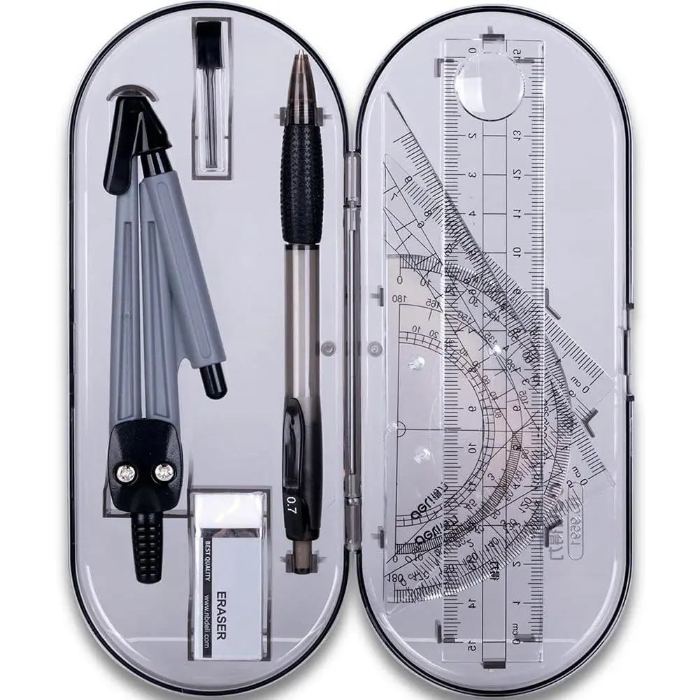 Math Geometry Kit Set 8 count Student Supplies with Shatterproof Storage Box &  Pouch,Includes Rulers,Protractor,Compass,Pencil,Eraser.for Students and Engineering Drawings