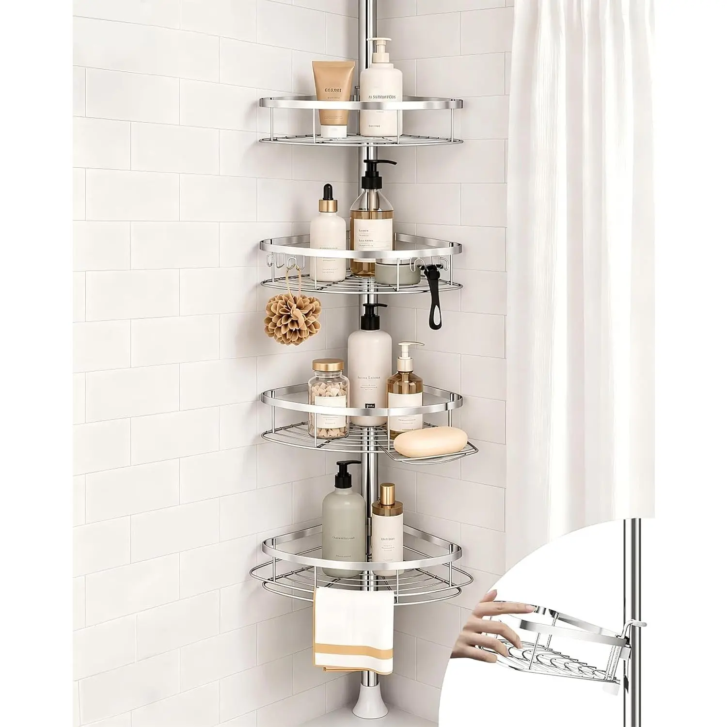 Rustproof Shower Corner  Organizer for Bathroom, 4 Adjustable Shelves with Tension Pole, for Bathtub Shampoo Accessories Storage Holder, 34 to 116 Inch Height,