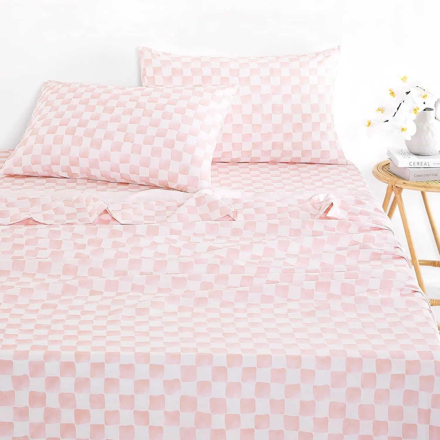 - Ggham Sheet Set, 4- Sheet Set, Checkered Grid  Checkerboard Geometric Preppy Hand Drawn  Prted Beddg, Deep Pocket, Pk White, Full Size