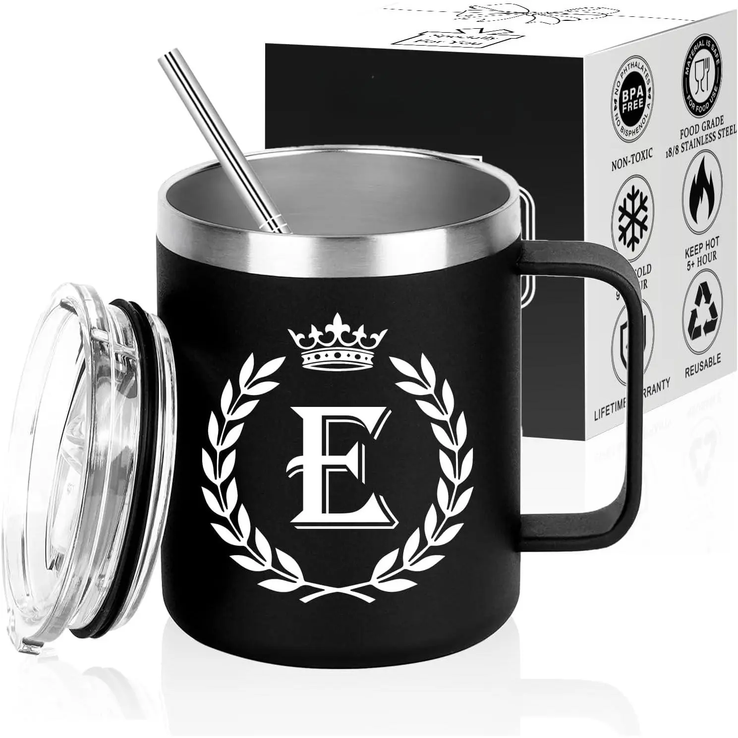 Personalized Mugs for Men, Letter E Insulated Coffee Mug with Lid and Handle, Letter E  Coffee Mugs for Men,  , , Dad, Boyfriend, Grandpa, Grandfather, Husband 12OZ Black