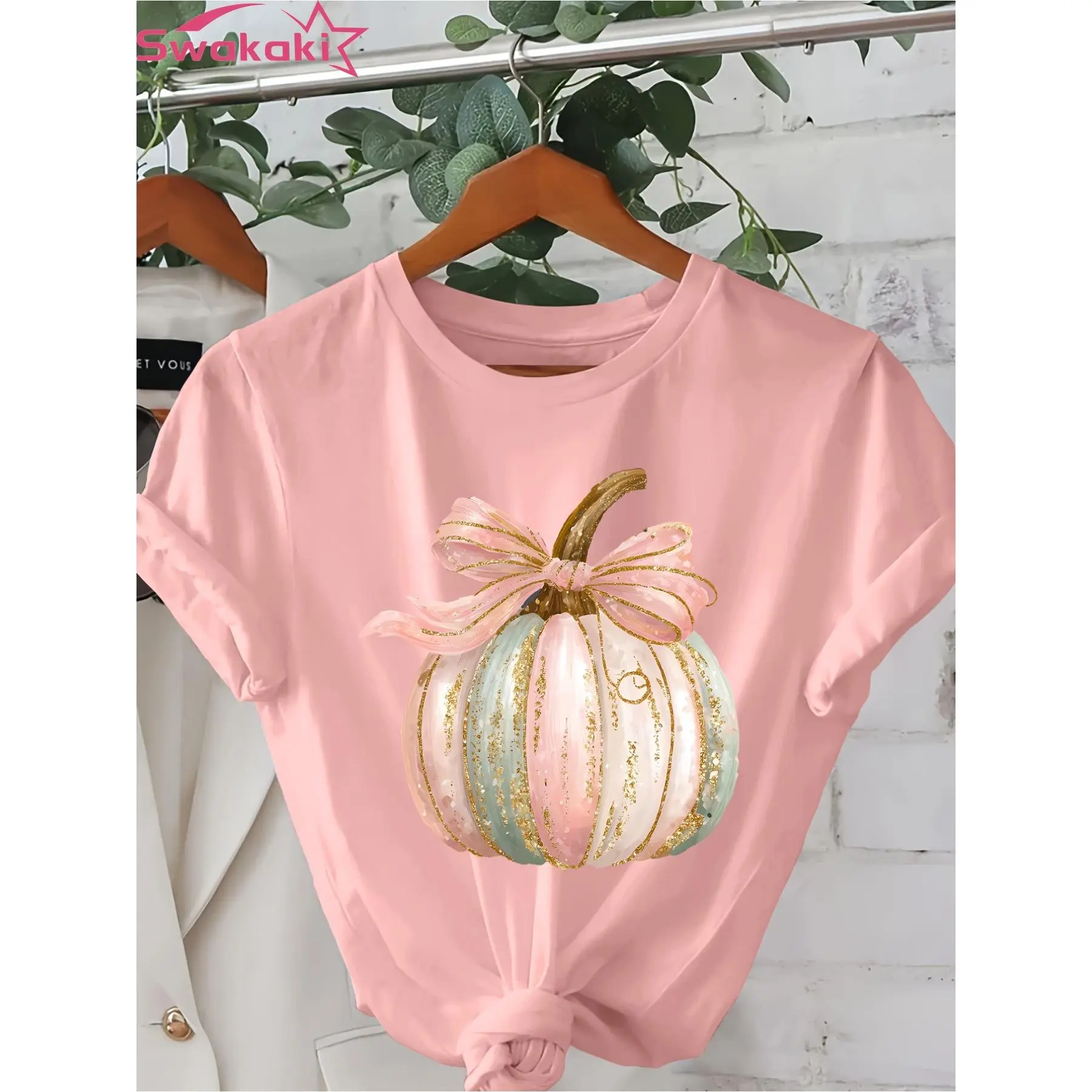 Women's Pink & Blue Glitter Pumpkin Graphic Round Neck Short Sleeve Sports Top - Lightweight Lady's Feminine Adult Shirts, Machine Washable Women's Clothes for Spring Summer Casual Sport & Outdoor Use