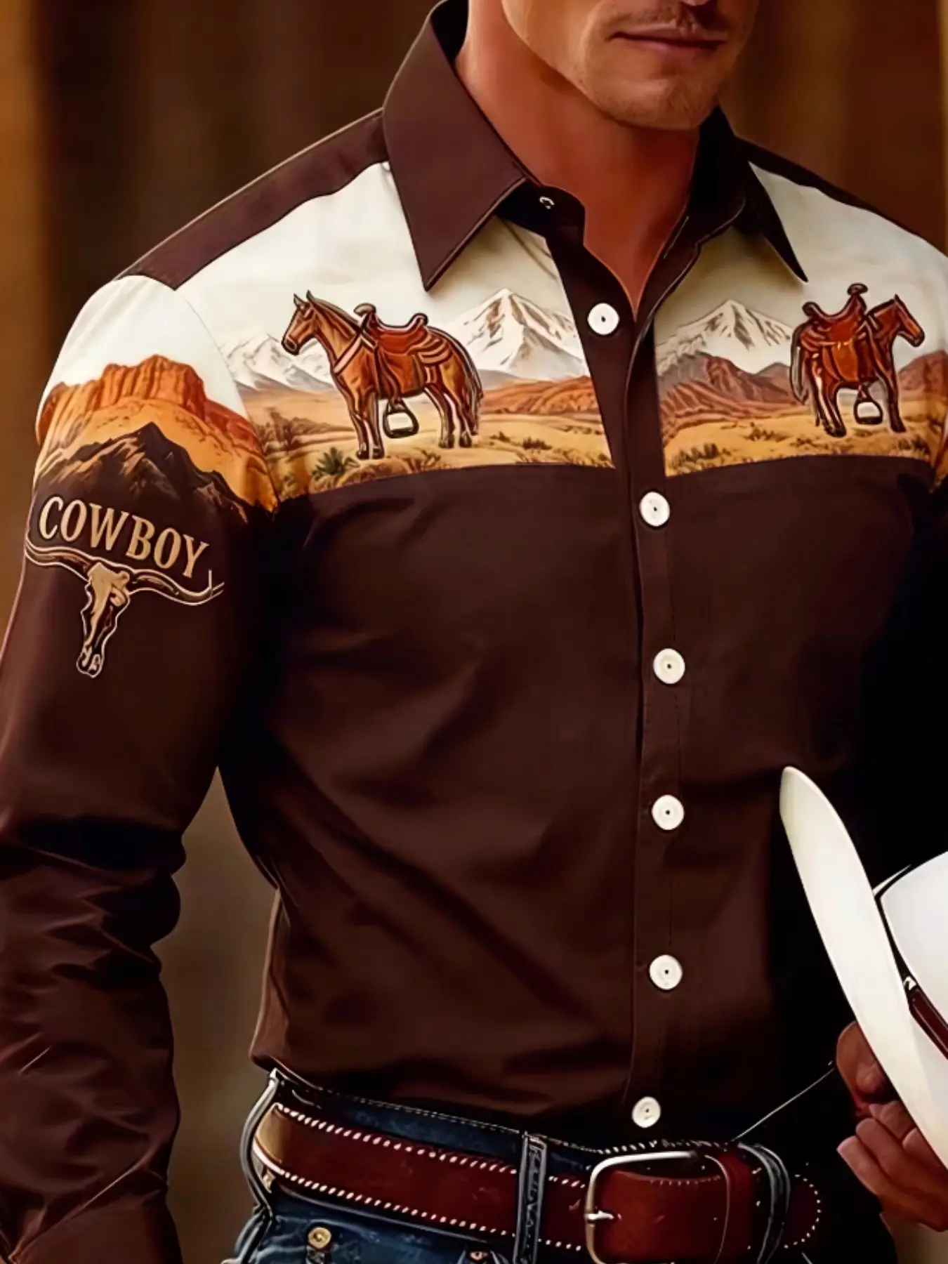 American Western Ethnic Style Men's Long Sleeve Shirt, Slim-Fitting Casual Top, Full Placket, Unlined, All Seasons
