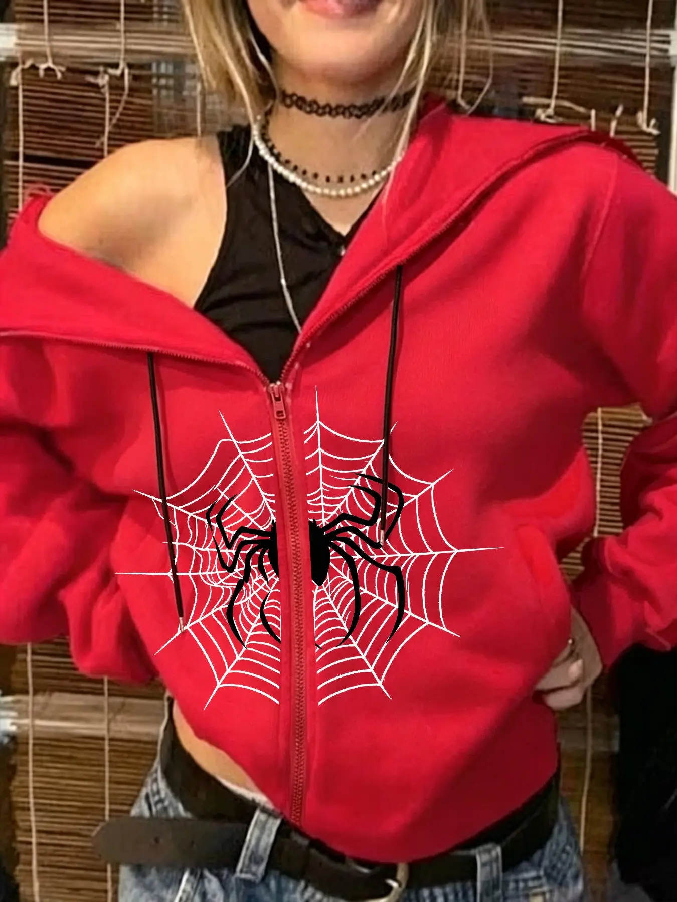 Hooded Zipper Sweatshirt, Loose Fit, Spider Web Print, Fleece Lined, Soft Warm Comfort, Casual Streetwear Essential
