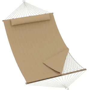 Garvee 2 Person Outdoor Hammock with Polyester Quilted Padding – Straight Solid Wood Spreader Bars, Mesh Hammock Pad & Cushion Combo, No Stand Included, Max 500 lbs for Patio, Garden & Beach