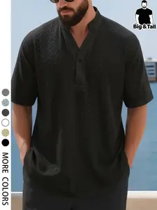Big & Tall Plus Size Men Light Blue Hollow Eyelet Embroidery Mandarin Collar Half Button Short Sleeve Henley Shirt Breathable Loose Vacation Top Multiple Solid Color Options For Heavy Set Big Guys Summer Beach Daily Wear