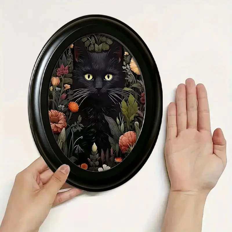 1count Gothic Style Black Cat in Grass Oval Wooden Photo Frame - 6.8x8.7 Inch,Plaque，Framed Floral Design for Home & Office Decor, Thanksgiving, Christmas& Holiday Decoration, Cat Decor, Best for Christmas, Perfect for Room Decor