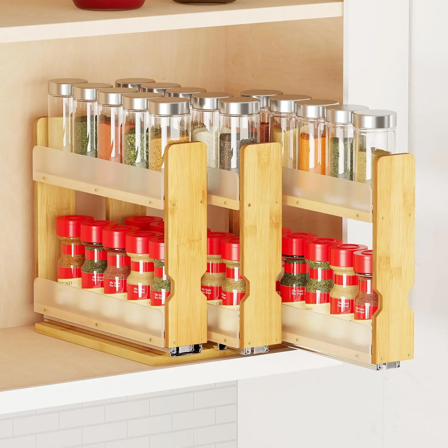 Bamboo Pull Out Spice Rack Organizer for Cabinet, Duty Slide Out Seasoning Pantry Vertical Organization, 7.6" Wide, 3 Drawers(2" Wide), 2-Tier, Natural