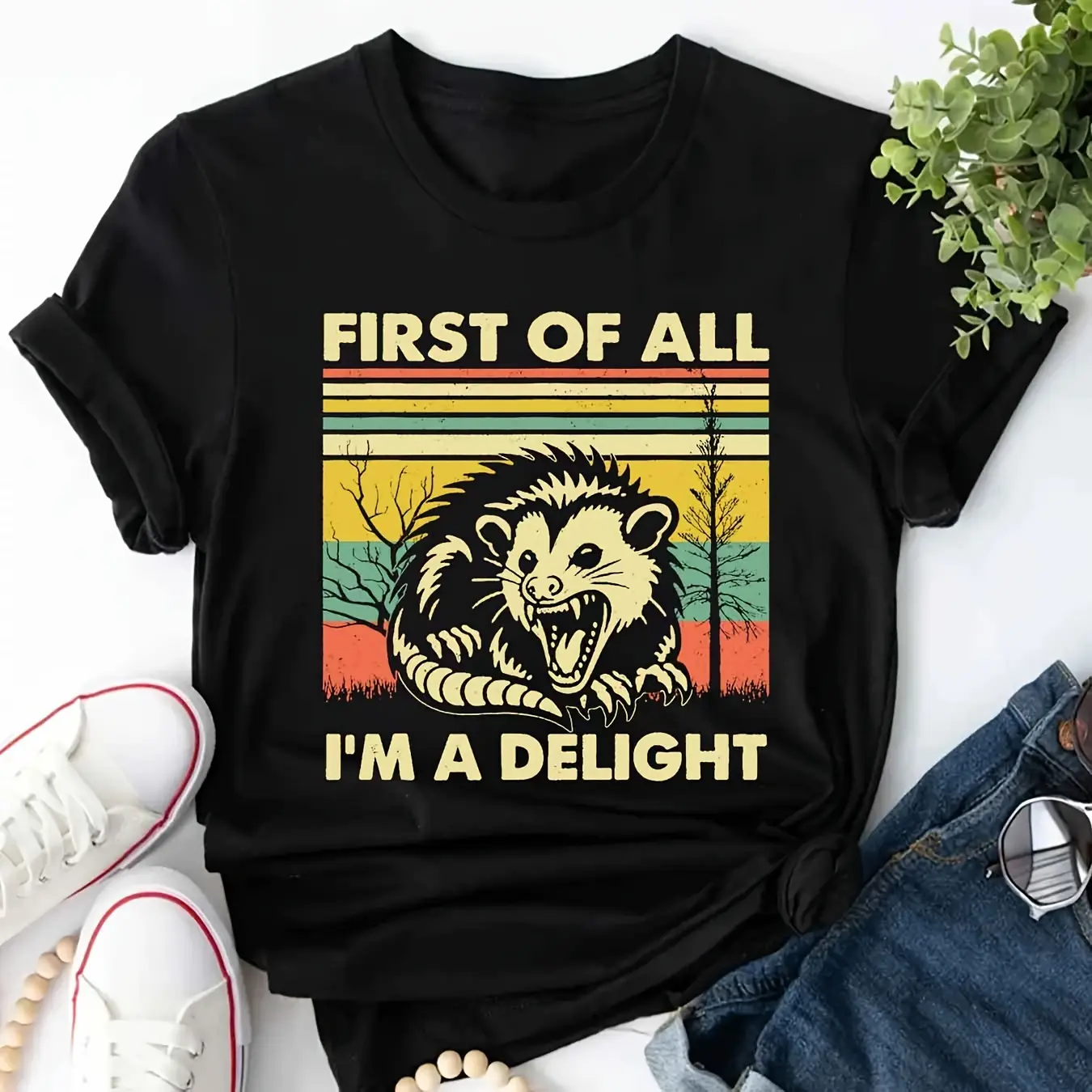 A Pack of Cartoon Possum Thermal Transfer Patch, Roaring Animal Hot Patch, Suitable for DIY T-shirts, Jeans, Masks and Backpacks-Sublimation Patch with "First, I Am a Happy" Slogan