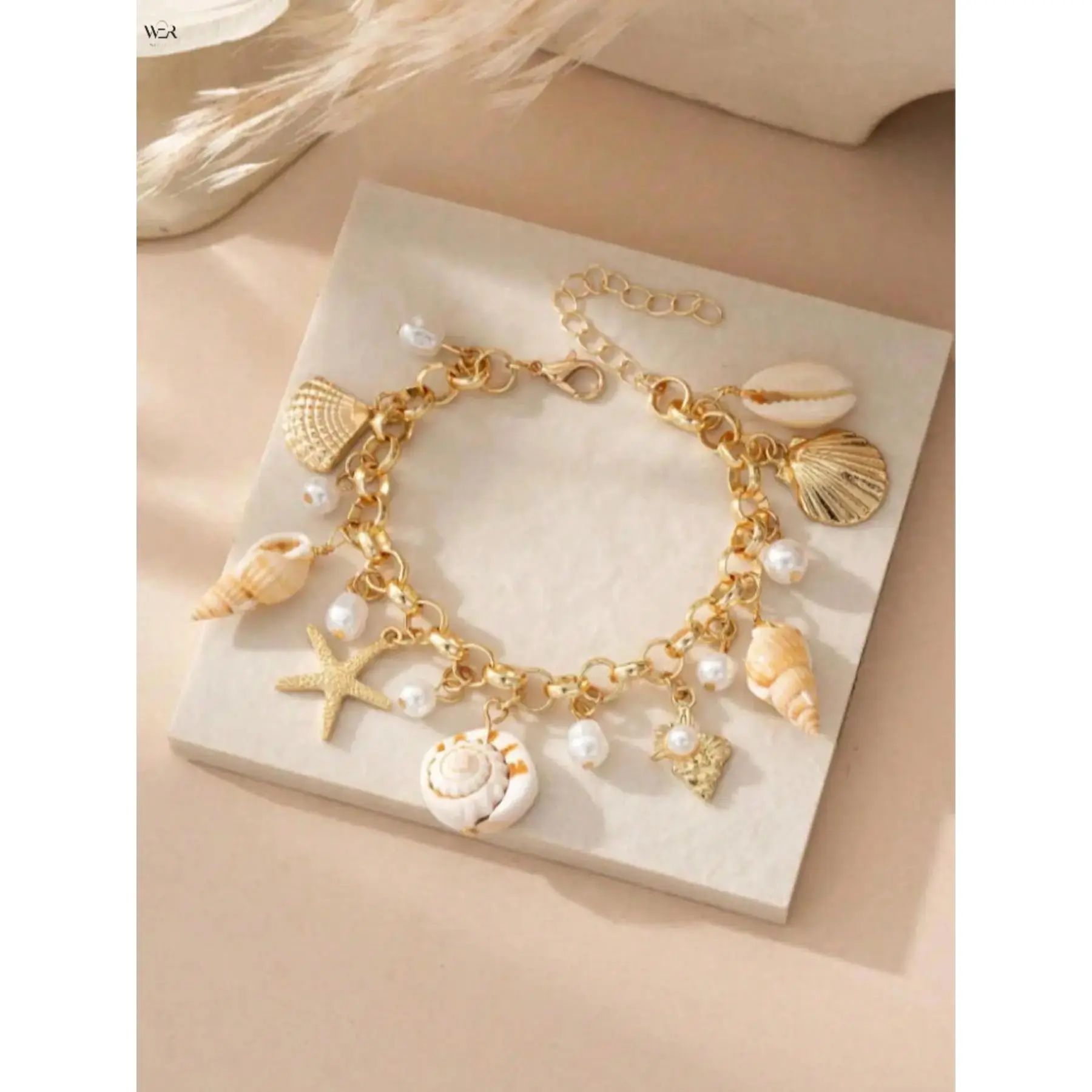 Women's Gold-Tone Ocean Theme Hand Chain - 2 Styles, Natural Shell Conch Starfish Faux Pearl Pendants, Lightweight Wear, Adjustable Size Beach Party Jewelry for Vacation Gift, Shell Alloy Pe, Shell Pearl, Birthday