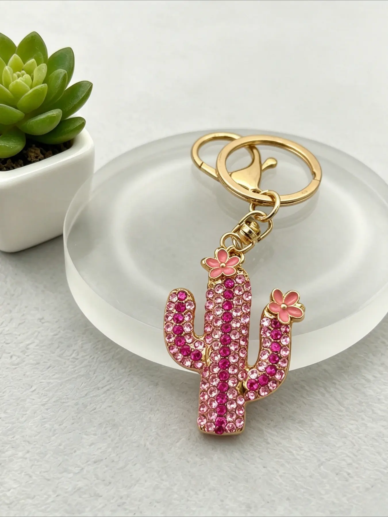 1PC Cactus Key Ring Plant Rhinestone Pendant Keychain Fashion Accessories for Friends Gift