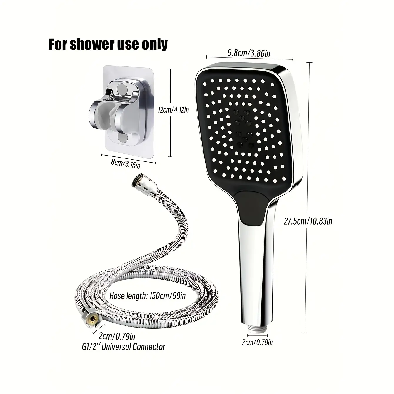 Square key conversion love set: 3 pieces turbocharged shower head high pressure bathtub handheld universal super shower head set, 59.06 inch universal interface G1/2 shower hose, no punching fixed shower bracket, Pressure Showerhead, shower use only