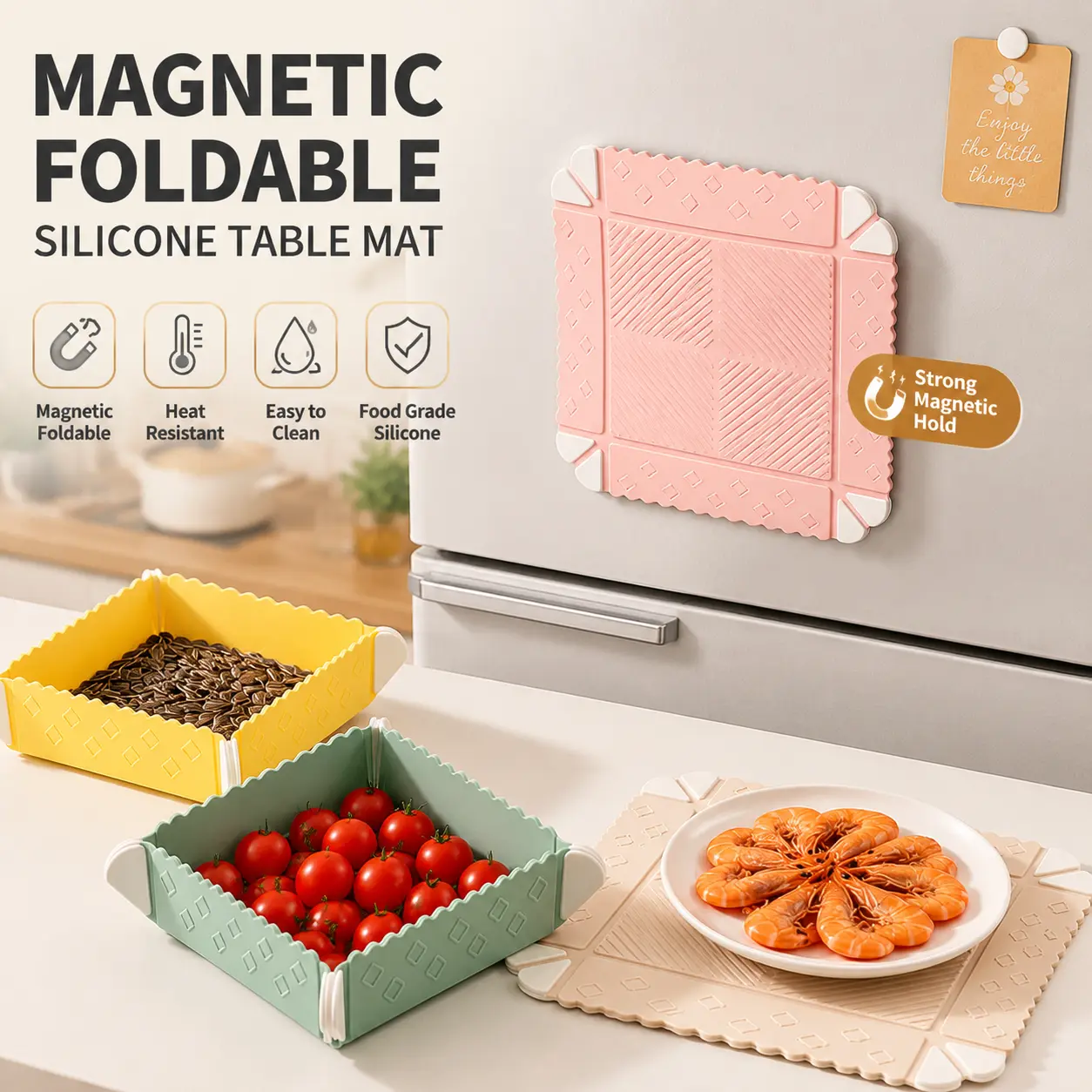 Magnetic Foldable Food Grade Silicone Trivet, Heat Resistant Pot Holder, Multi-Purpose Storage Tray, Kitchen Gadget for Home, Camping & Picnic-YY1