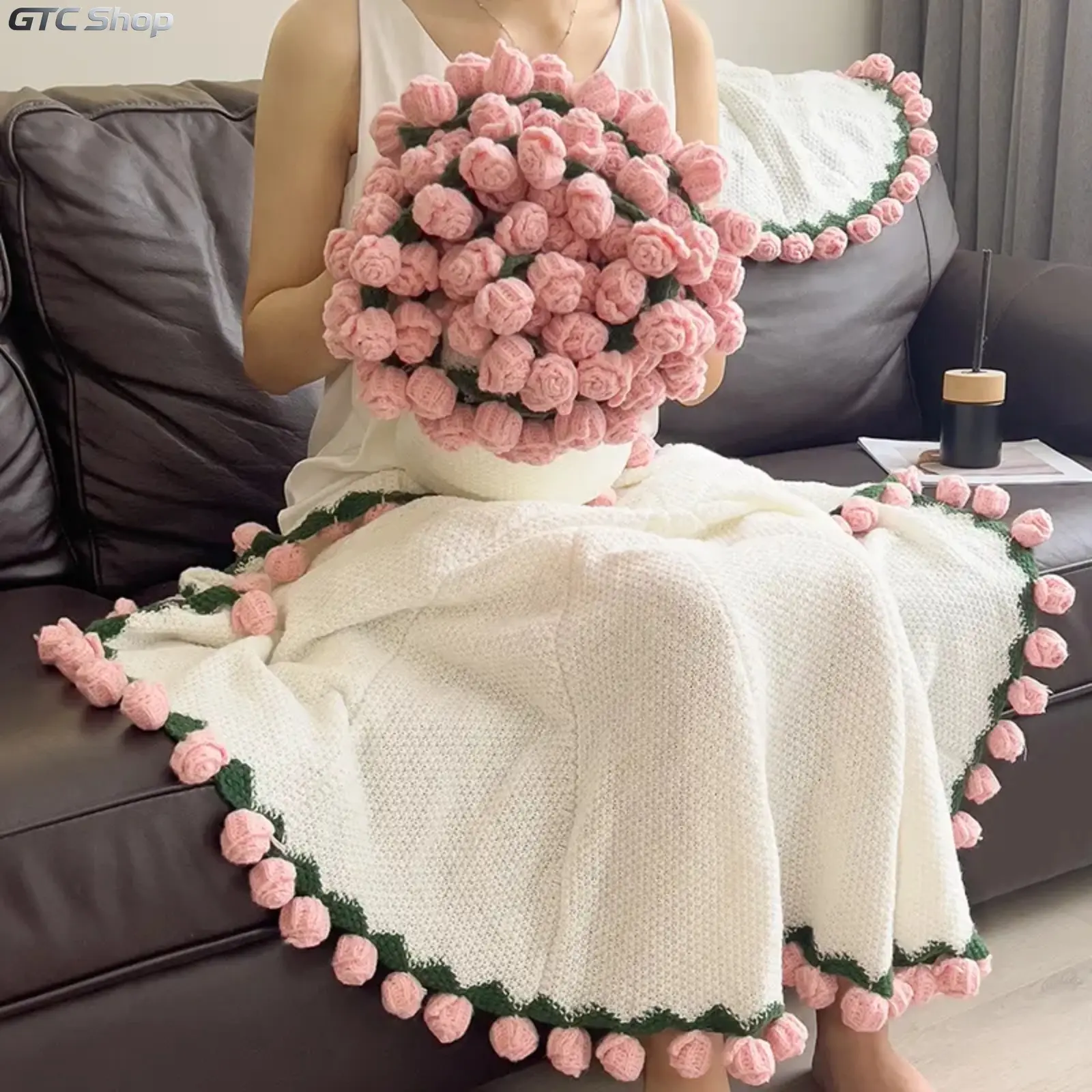 【Back to School】ROSEKIND Handmade Crocheted Flowers Finished Bouquet Blanket, 2-in-1 Soft Knitted Throw, Home Room House Whimsical Decor, Romantic Gift for Mom, Camping Hammock Accessory