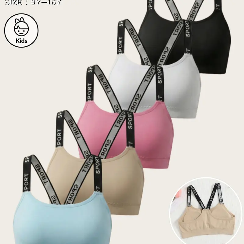 Teen Girls Training Bra 9-16Y, Wireless Breathable Sports Bra with Padded Letter Straps, Anti Nip Comfort Vest, Shockproof Underwear for Student Puberty, Sporty Breathable Bras, 1/2/3/5 Pack