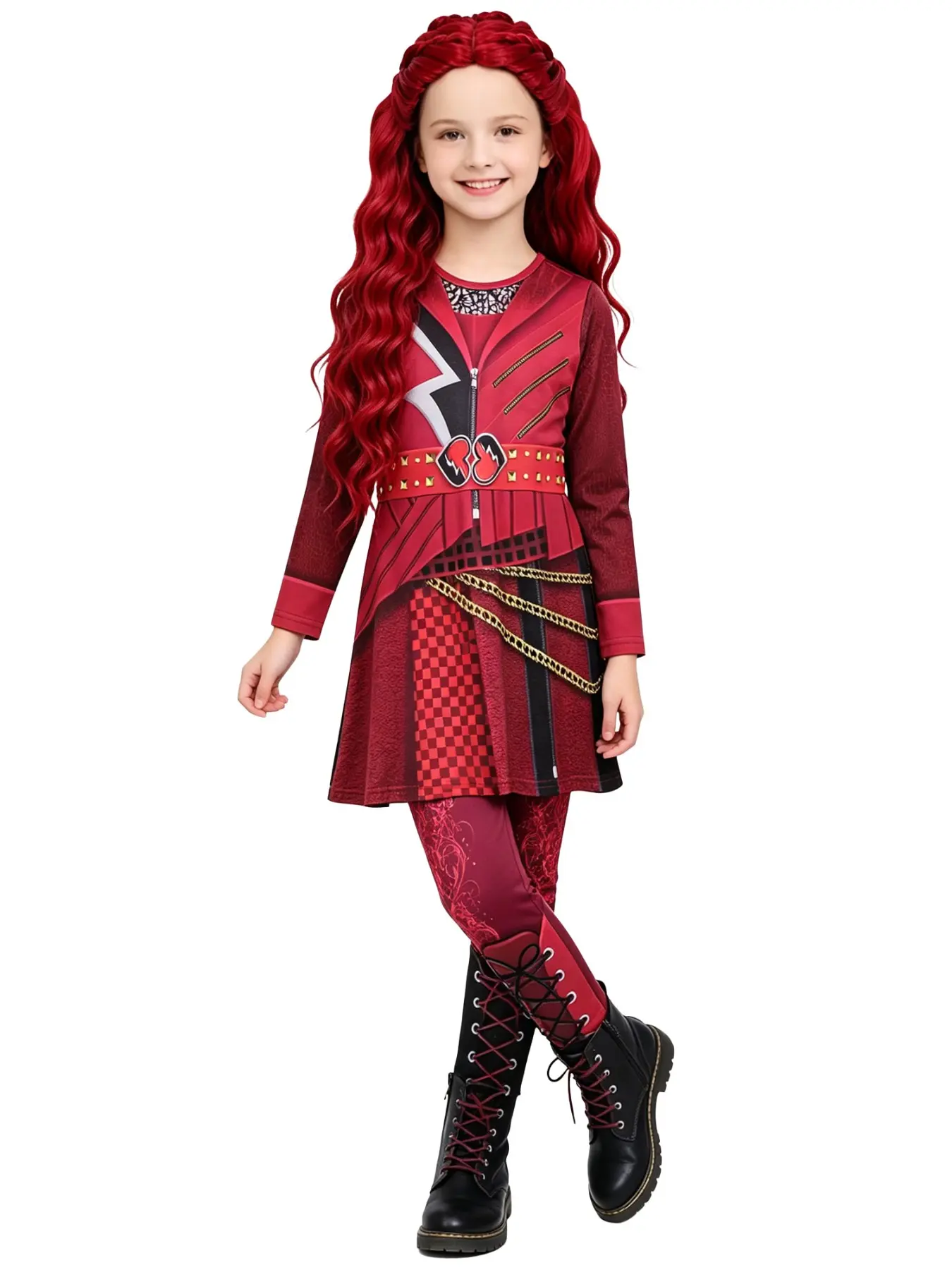 Queen Style Costume Set for Girls, Halloween Birthday Party, Includes Wig, Suitable for Ages 5-14, All over Print, Slim-Fitting