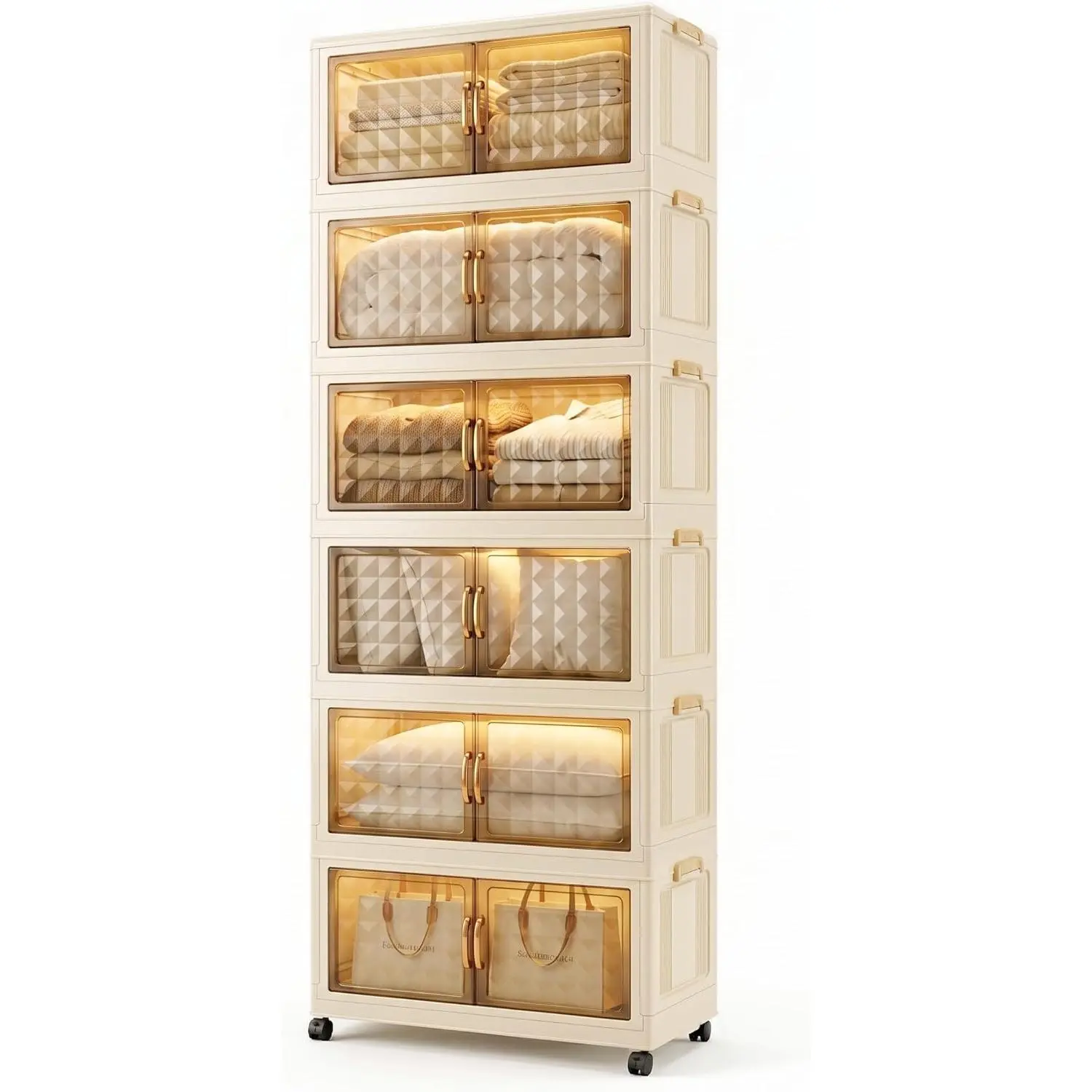 6-Tier Extra Large Stackable Plastic Storage Bins with Doors & Lids, 426-qt 73" Tall Tool-Free Assembly Cabinet, Mobile Organizer with Wheels for Home Office, Pantry