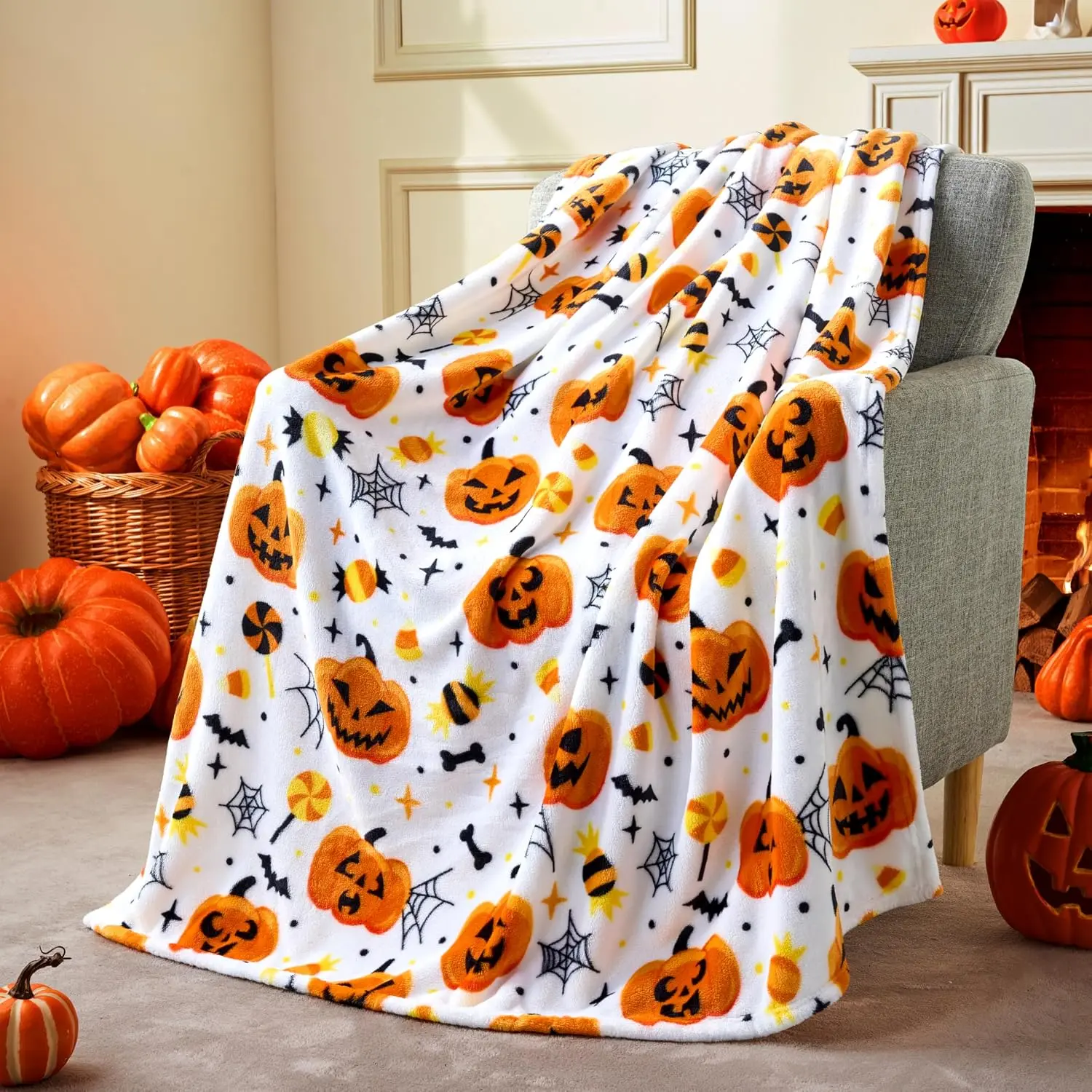 Halloween Throw Blanket - Soft Plush Spider Webs Bat Pumpkin Blanket - Cozy Flannel White Halloween Decoration for Party Sofa Bed Living Room