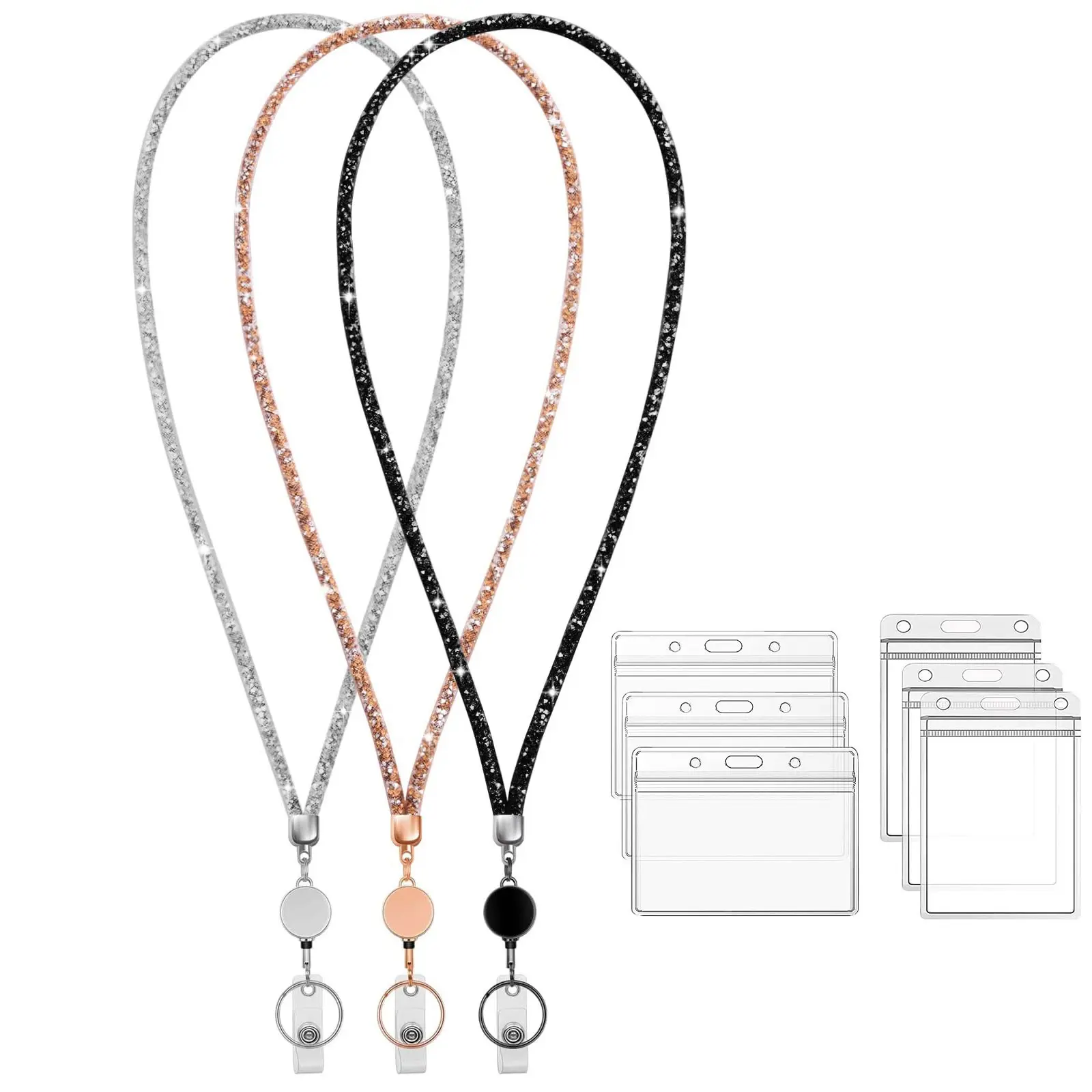 Crystal Lanyard with Retractable Badge Reel, 3 Counts/set Name Badge Holder, Name Tag Holder, Identification Badges & Supplies for Office Worker, Retractable Badge Holders, Id Card Holder, Retractable Badge Clip, Lanyards with Id Holder