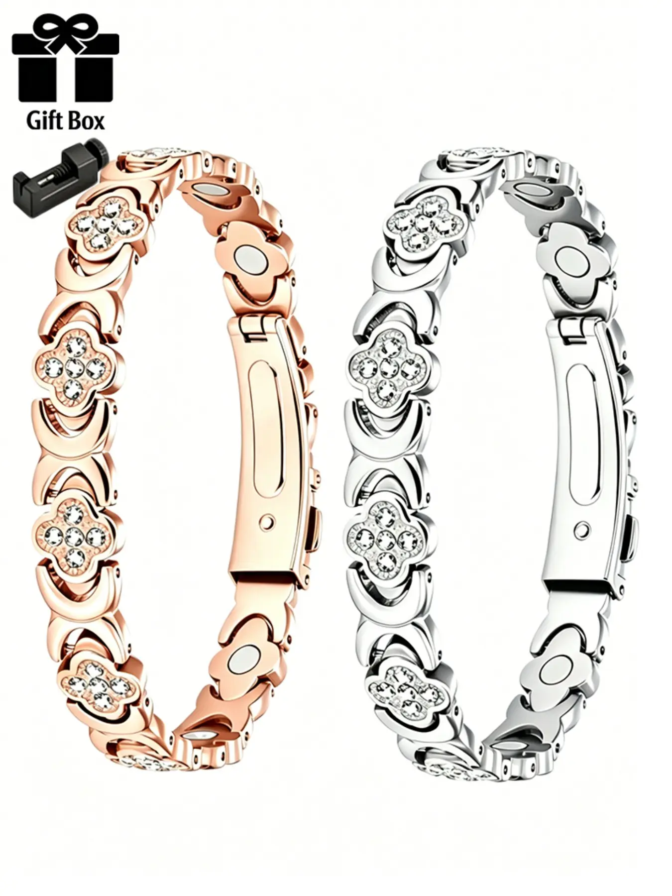 2-Piece Set Pure Copper Magnetic Bracelet, 3800 Gauss Strong Magnet Health Jewelry, Luxury Diamond-Embedded Gift for Mother's Day Birthday