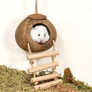 Coconut Shell Bird Nest for Budgies, Warm Reproduction Hideout, Rope Suspension, Screw Fixing, Stair Design, Durable Habitat for Small Animals