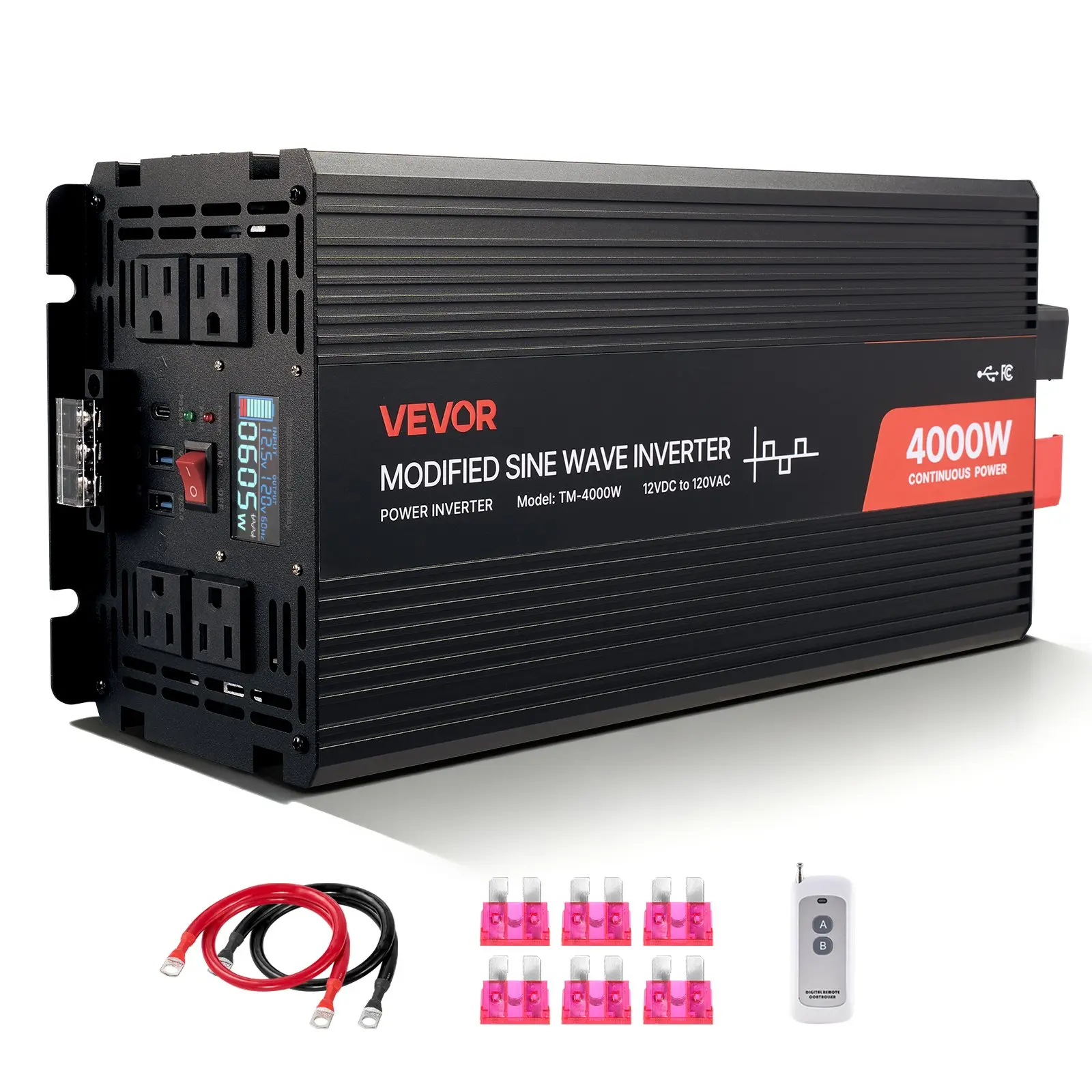 VEVOR 4000W Modified Sine Wave Off Grid Inverter System, 12V DC to 120V AC Converter (11.68 lbs, 200W & Above), LCD Display, Remote Control, 2 USB, 4 AC Outlets, Type-C Port, Smart Cooling Fan, Solar Compatible DC Power Supply for RV Camping, Home Backup