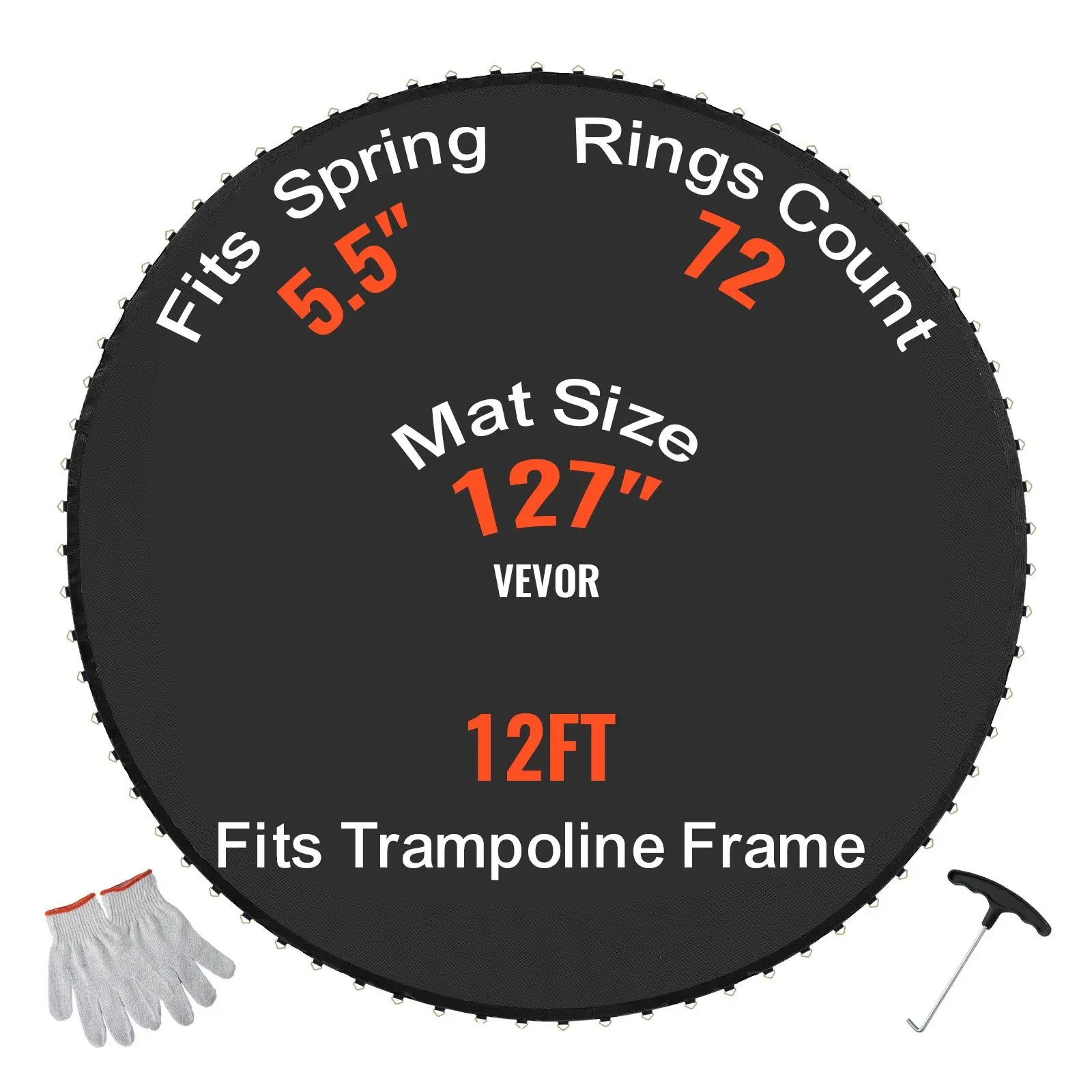 Replacement Trampoline Mat, Jumping Mat Fits 12ft Frame, Universal Jumping Mat for 12ft Round Trampoline, Reinforce UV-Resistant Mat with Spring Tool Durable V-Rings, Fit 5.5" Spring Length