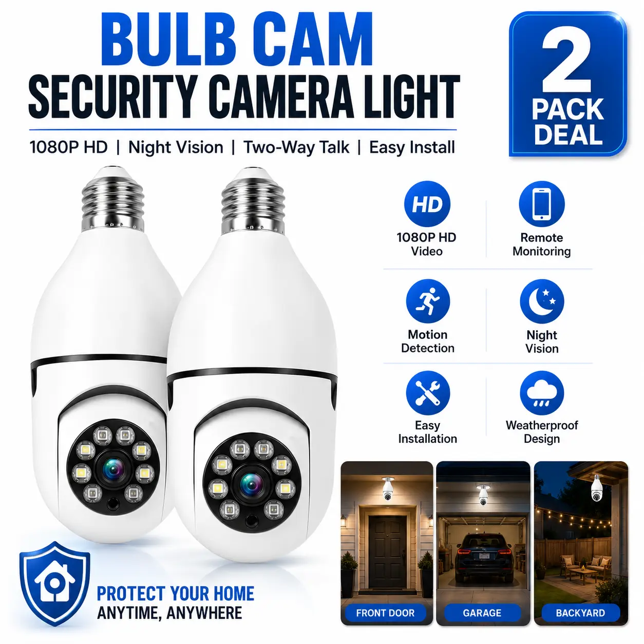 "Bulb Cam Security Camera Light – HD Smart Home Surveillance, Real-Time Monitoring, Easy Install, Weatheravproof, Indoor/Outdoor Security, Protect Your Home & Loved Ones, 2-Pack Deal"