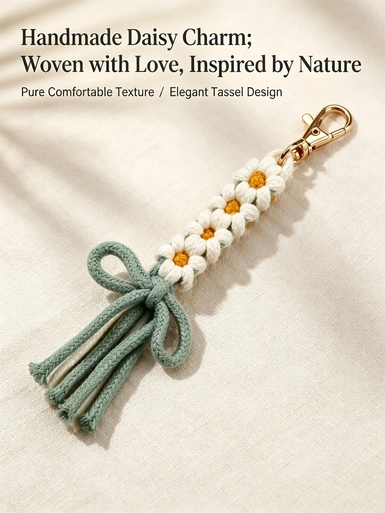 Viral Hand Woven Daisy Keychain Palm Sized Cottagecore Aesthetic Macrame Braided Daisy Bow Tassel Charm Lobster Clasp Backpack Purse Pendant Holiday Birthday Gift For Teen Girls Women