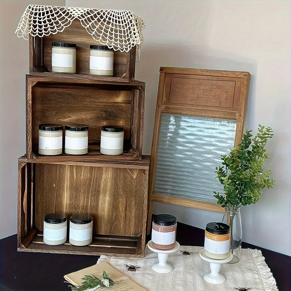 3pcs Wooden Nesting Crate - Rustic Farmhouse Style Storage Baskets with Handles, Multi-Purpose Rectangular Wooden Decorative Boxes for Party, Office, Bedroom, Kitchen, Closet - Non-Waterproof, No Power Required, Organizational Storage Boxes